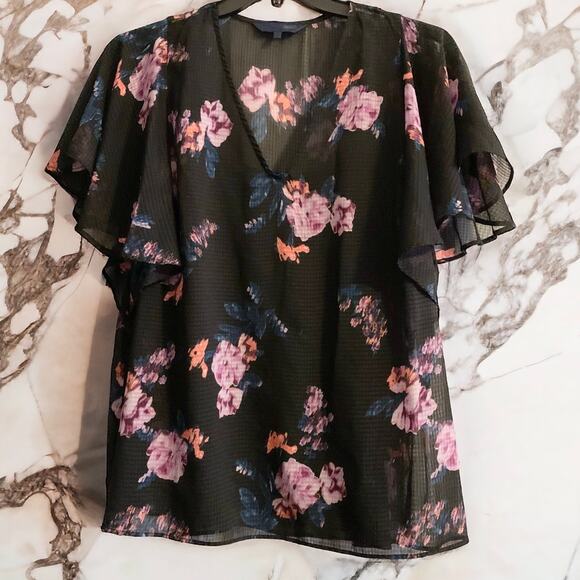 Rachel Roy Natalie Flutter Top 0X Sheer with Cami Black Blue Floral Relaxed Fit - Picture 1 of 13